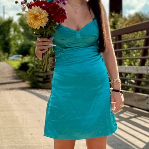 Ruffle Satin, Square Neck Cocktail Gown (HOCO/ Prom/ Other) - Picture 2 of 16